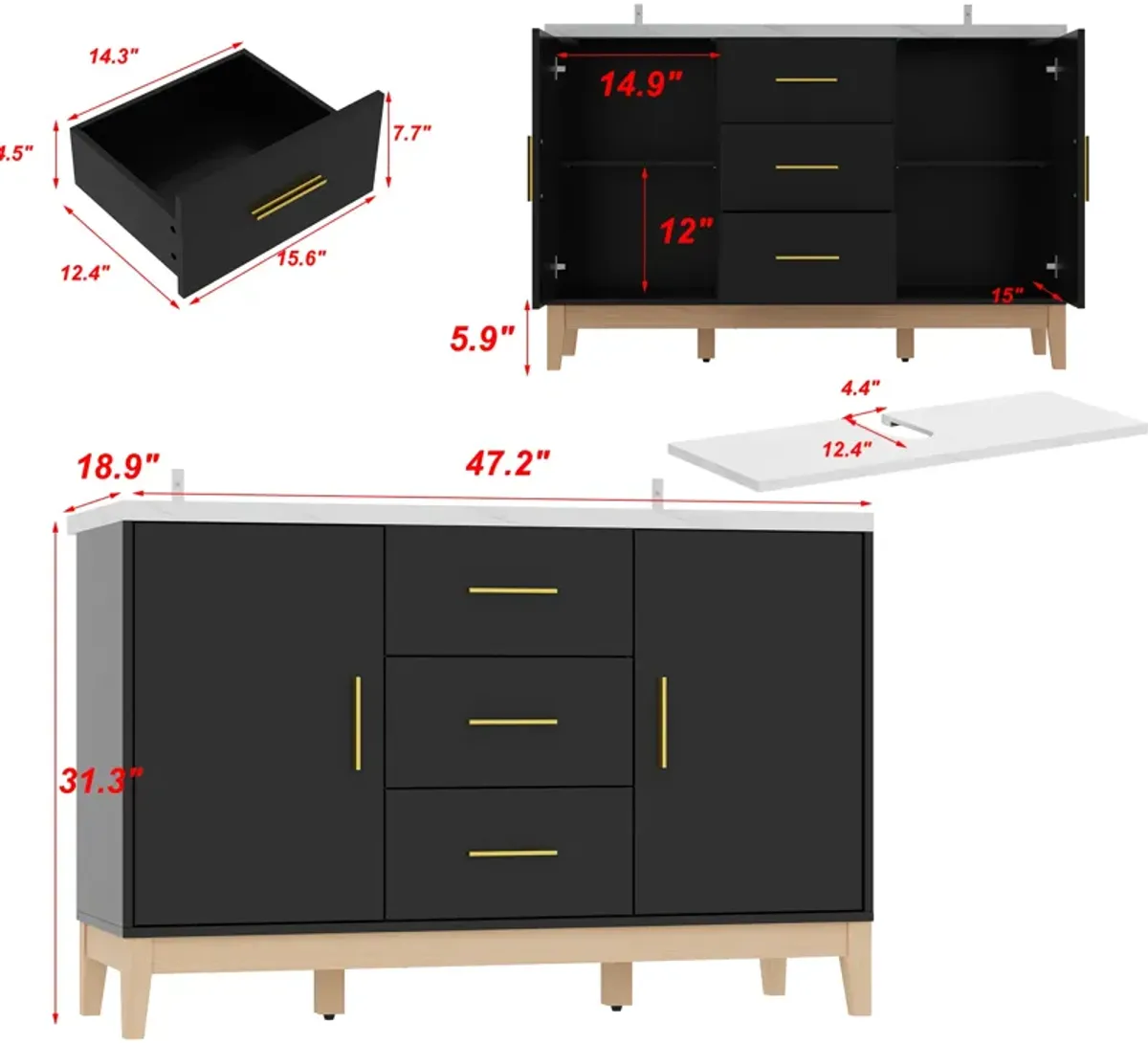 FUFU&GAGA  Sleek Black Bathroom Vanity Cabinet with Ample Storage and Gold Accents (47.2" W x 18.9" D x 31.3" H), Black