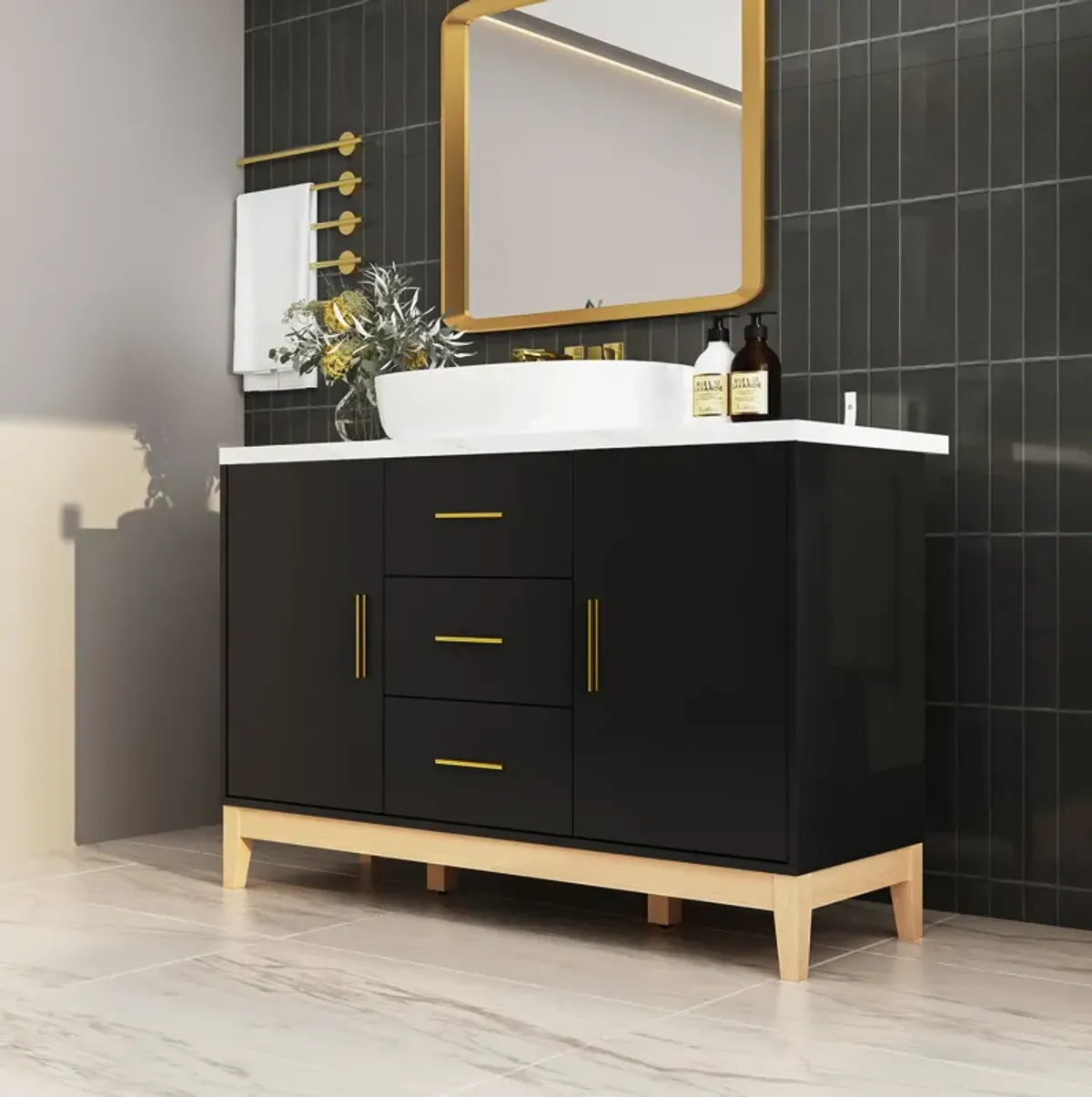 FUFU&GAGA  Sleek Black Bathroom Vanity Cabinet with Ample Storage and Gold Accents (47.2" W x 18.9" D x 31.3" H), Black