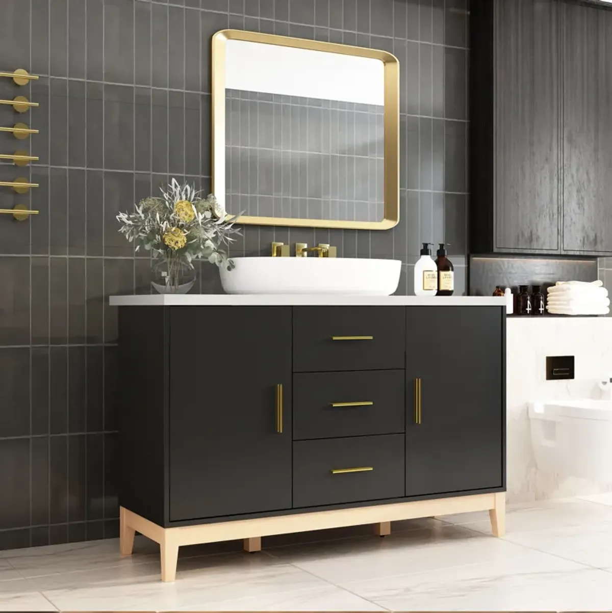 FUFU&GAGA  Sleek Black Bathroom Vanity Cabinet with Ample Storage and Gold Accents (47.2" W x 18.9" D x 31.3" H), Black