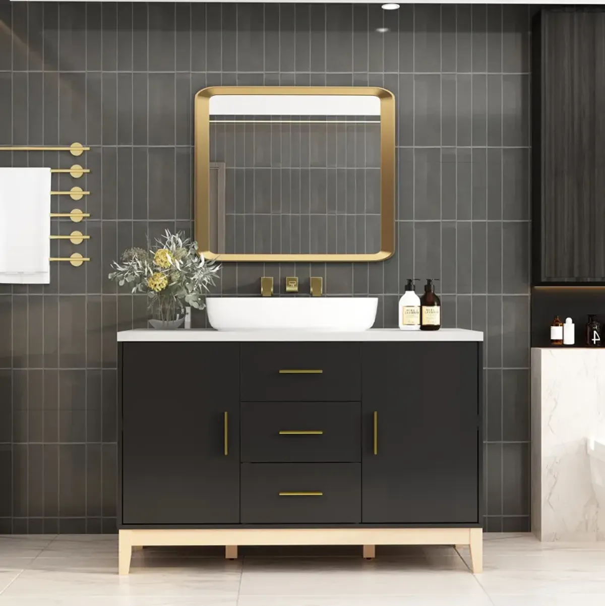 FUFU&GAGA  Sleek Black Bathroom Vanity Cabinet with Ample Storage and Gold Accents (47.2" W x 18.9" D x 31.3" H), Black