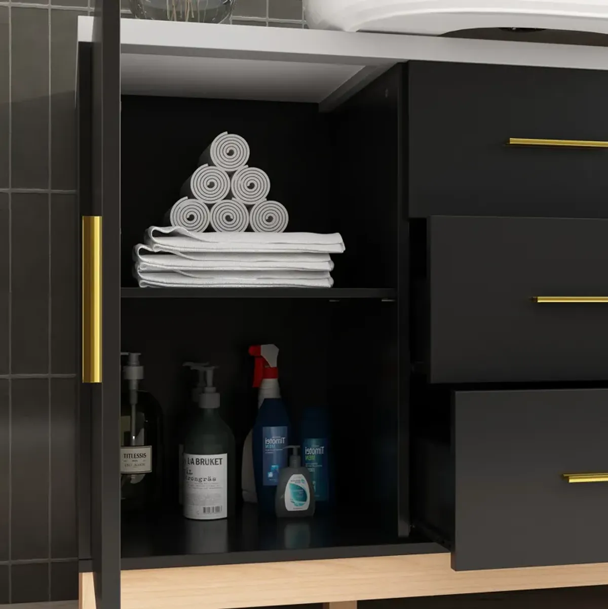 FUFU&GAGA  Sleek Black Bathroom Vanity Cabinet with Ample Storage and Gold Accents (47.2" W x 18.9" D x 31.3" H), Black