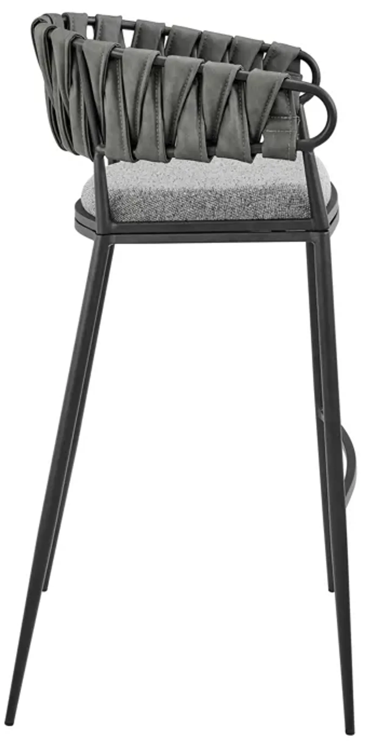 Mimy 30 Inch Barstool Chair, Gray Faux Leather Strap Back, Black Iron - Benzara