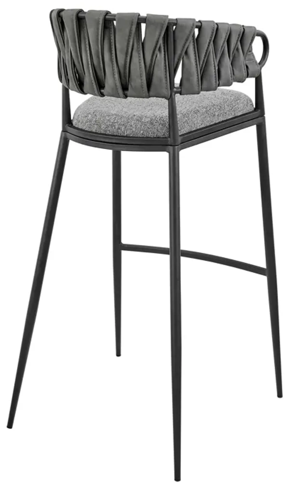 Mimy 30 Inch Barstool Chair, Gray Faux Leather Strap Back, Black Iron - Benzara