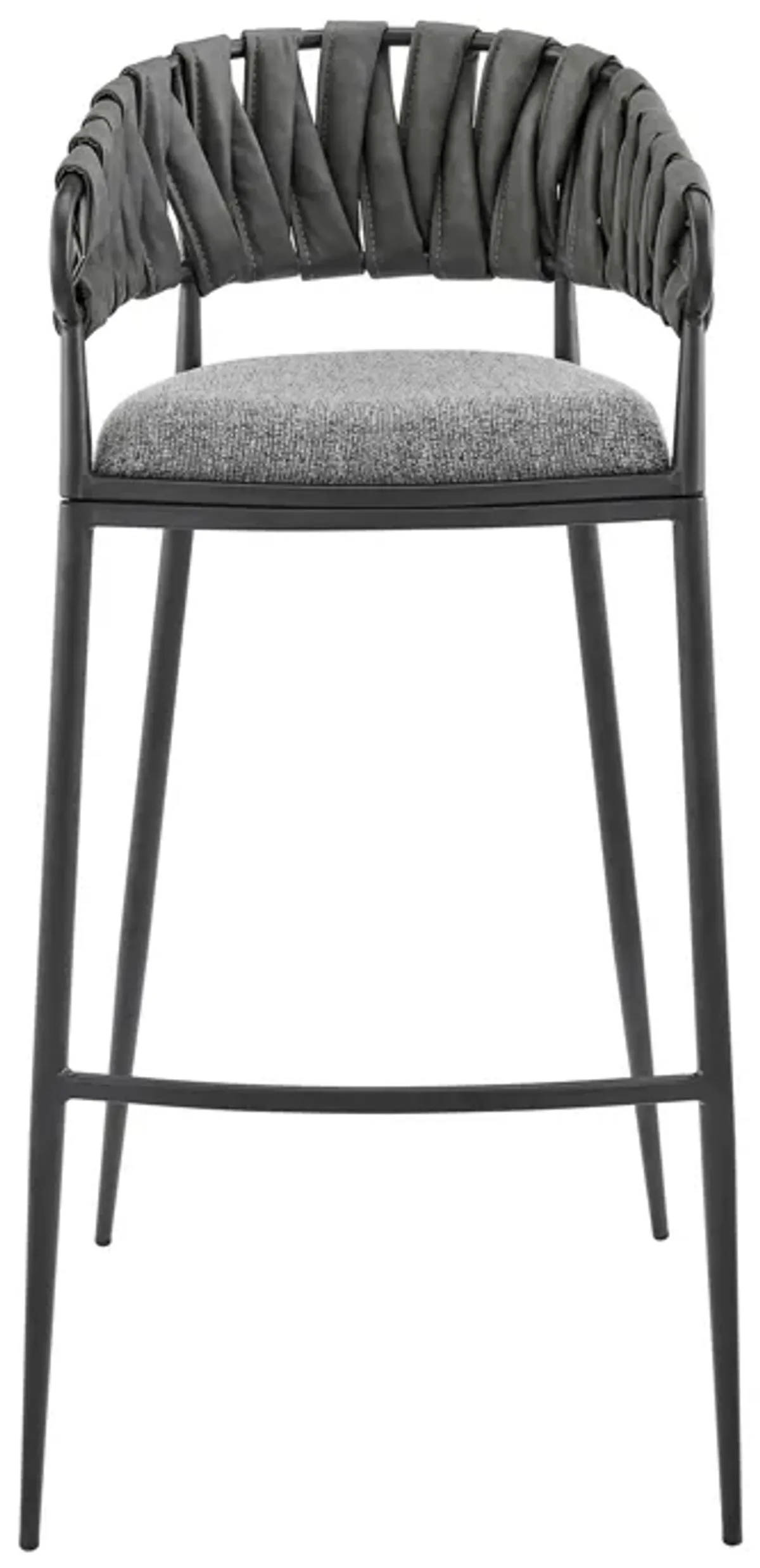 Mimy 30 Inch Barstool Chair, Gray Faux Leather Strap Back, Black Iron - Benzara