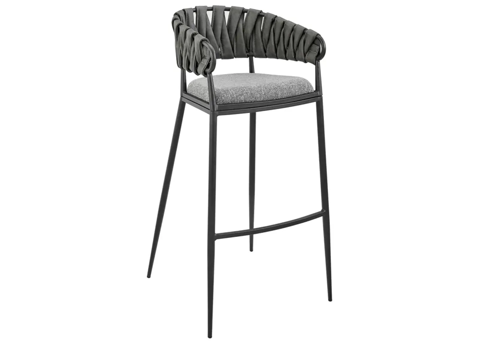 Mimy 30 Inch Barstool Chair, Gray Faux Leather Strap Back, Black Iron - Benzara