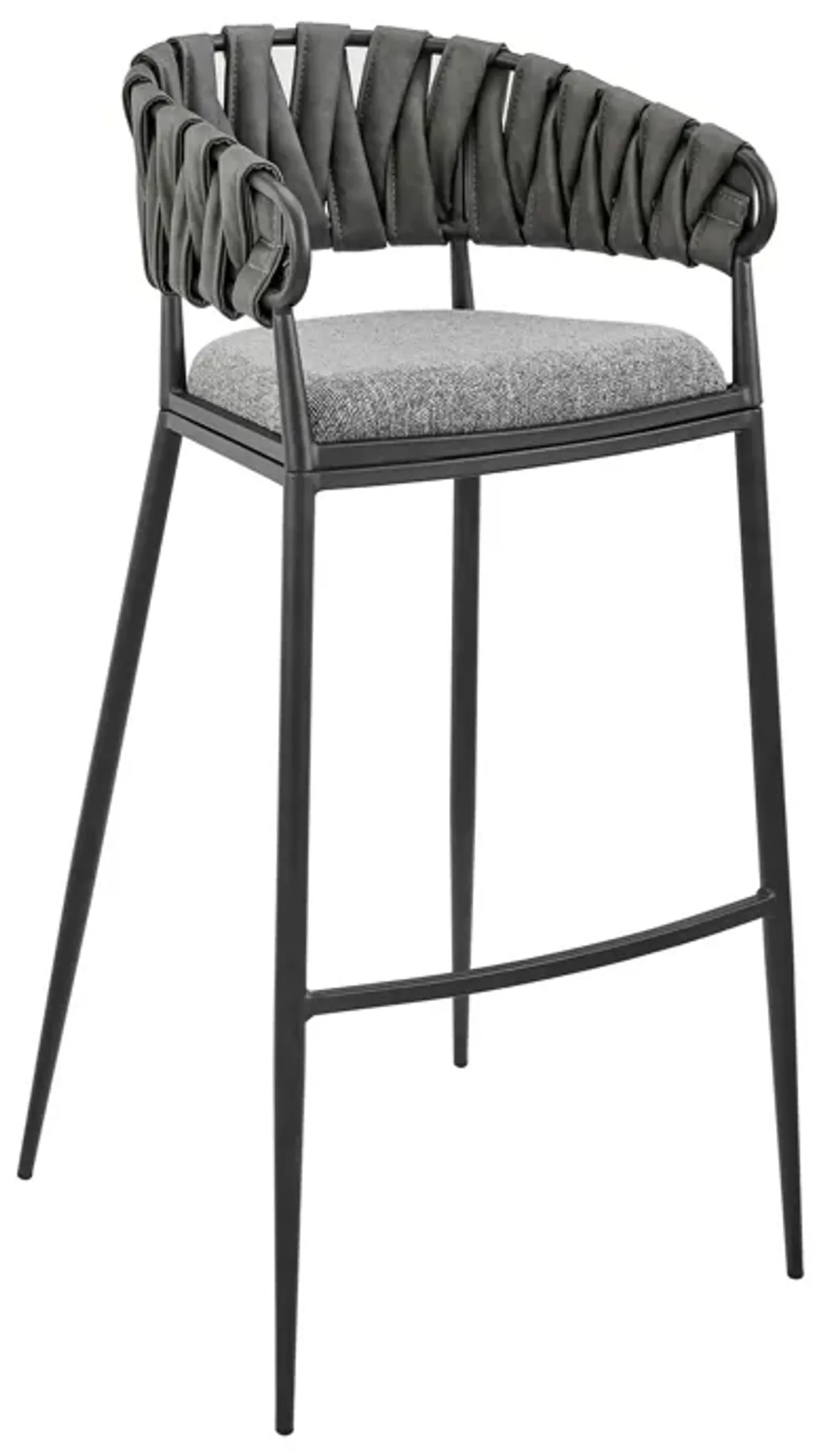 Mimy 30 Inch Barstool Chair, Gray Faux Leather Strap Back, Black Iron - Benzara