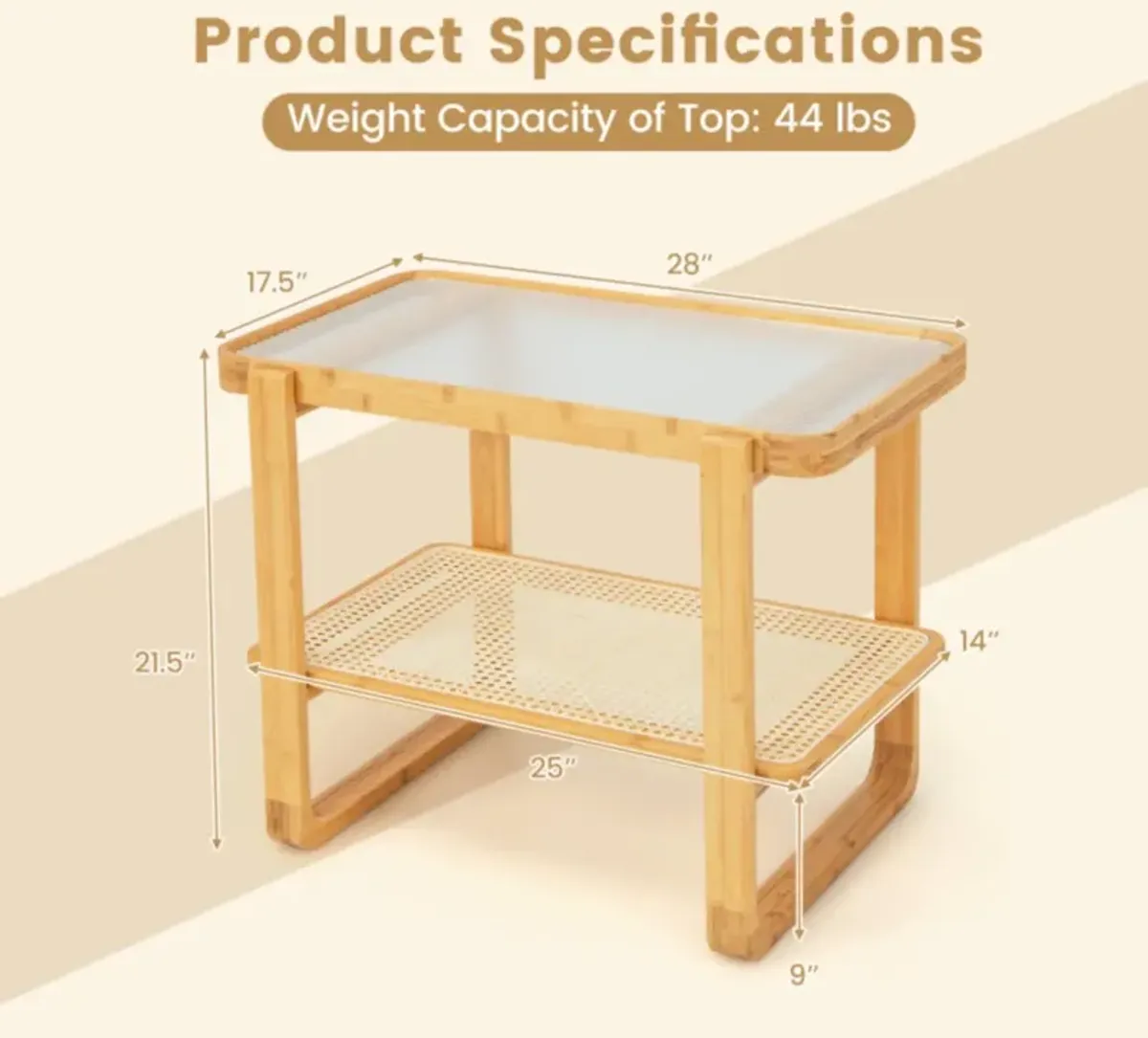 Hivvago 2-tier Bamboo Side Table with Glass Top-Natural