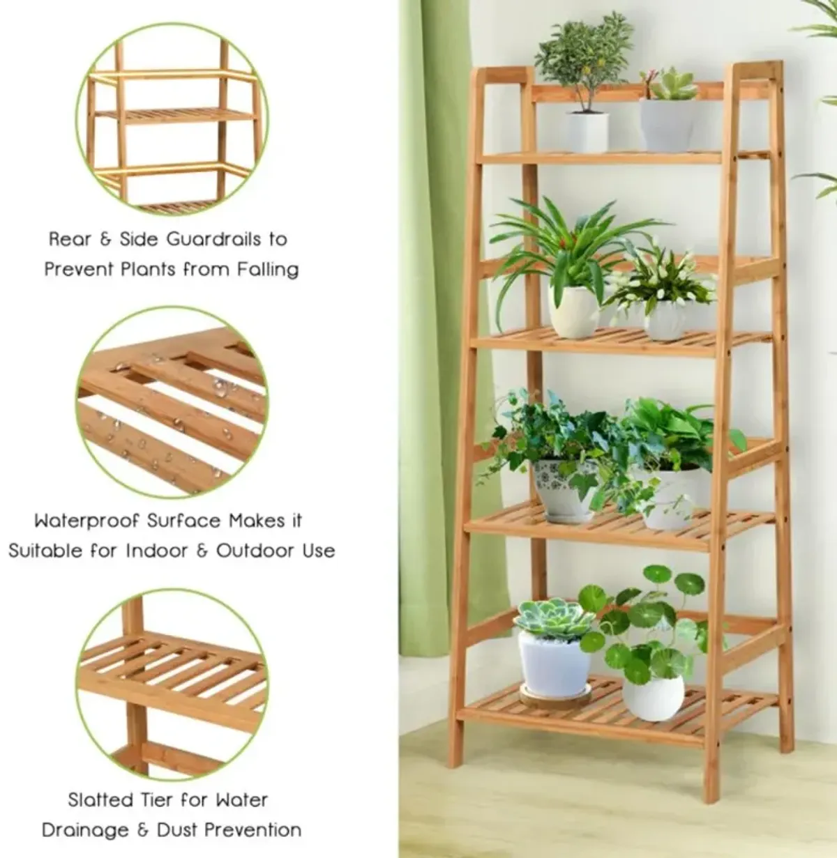 Hivvago 4-Tier Bamboo Plant Rack with Guardrails Stable and Space-Saving