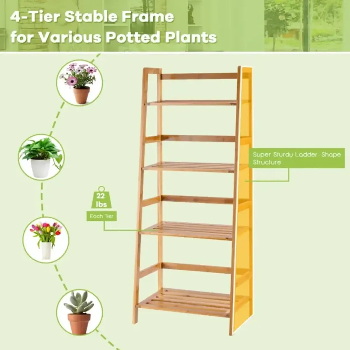 Hivvago 4-Tier Bamboo Plant Rack with Guardrails Stable and Space-Saving