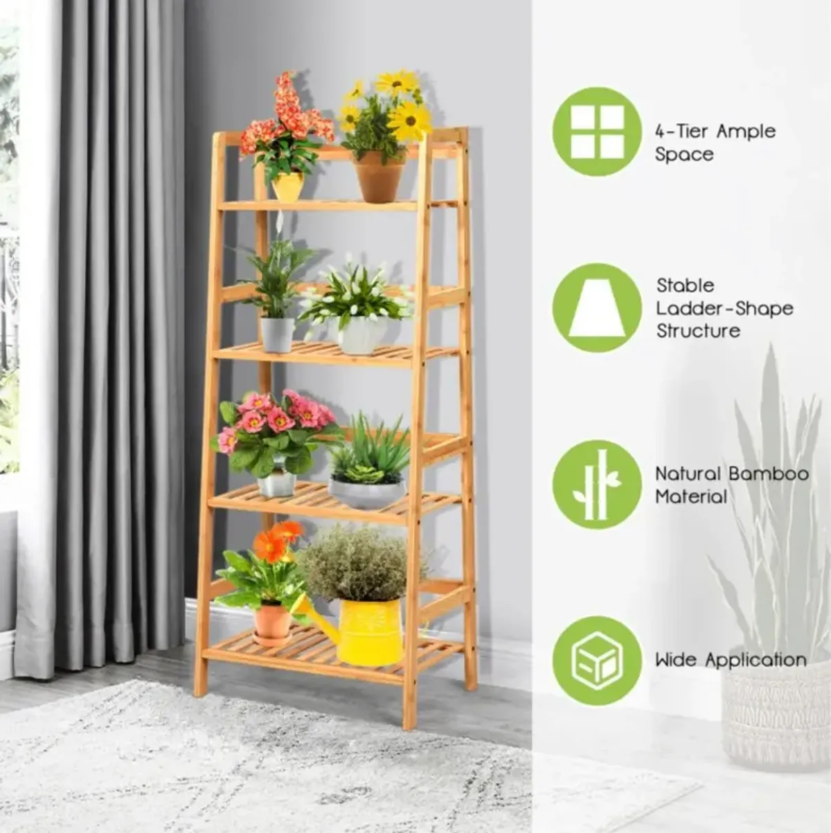 Hivvago 4-Tier Bamboo Plant Rack with Guardrails Stable and Space-Saving