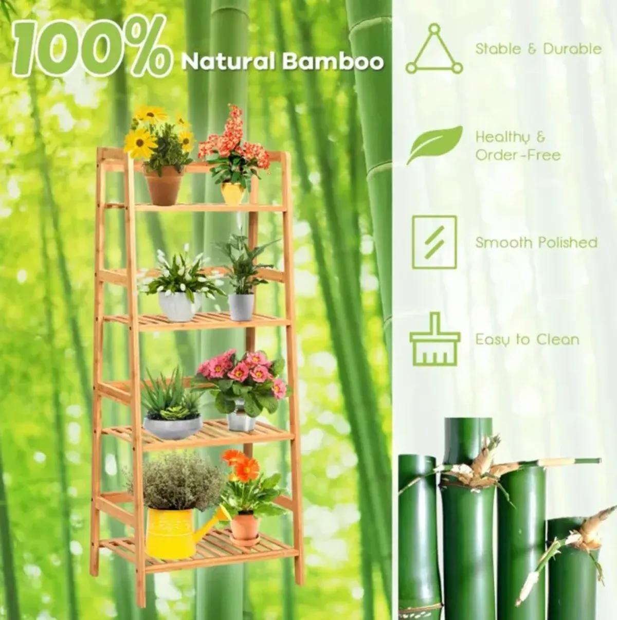 Hivvago 4-Tier Bamboo Plant Rack with Guardrails Stable and Space-Saving