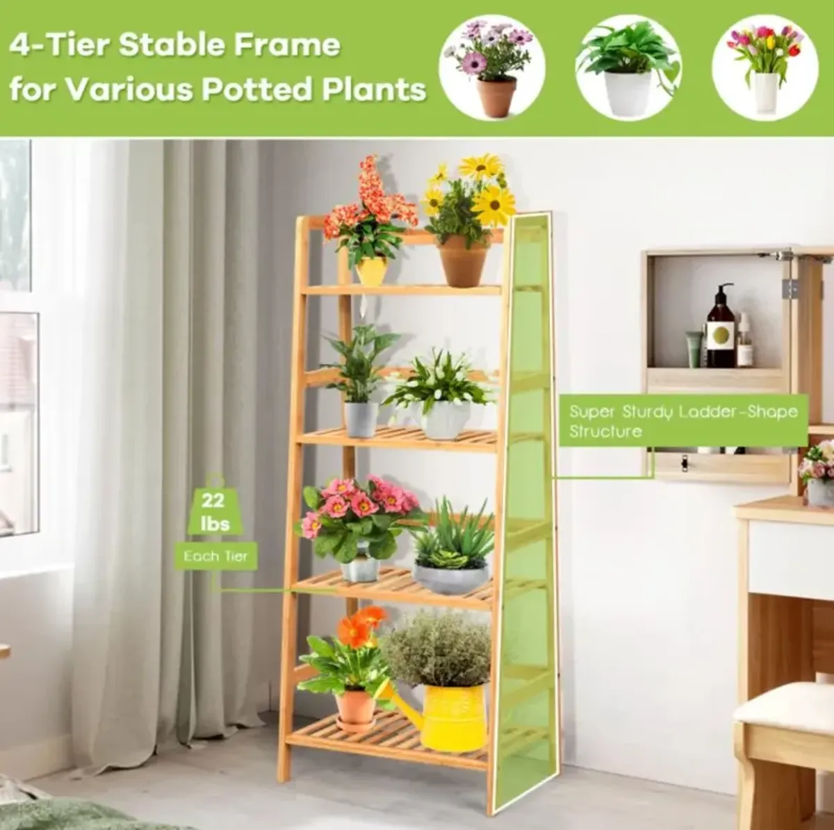 Hivvago 4-Tier Bamboo Plant Rack with Guardrails Stable and Space-Saving