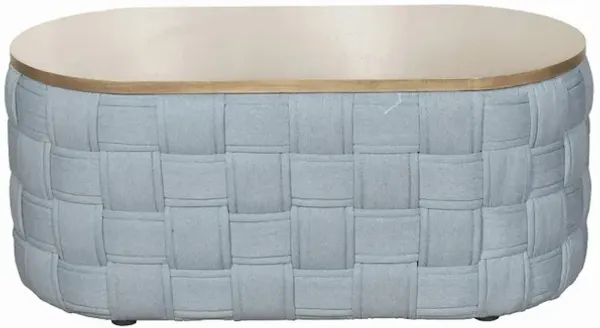 Reah Coffee Table, Knitted Light Blue Chenille, Brown Wood, 41 Inch - Benzara
