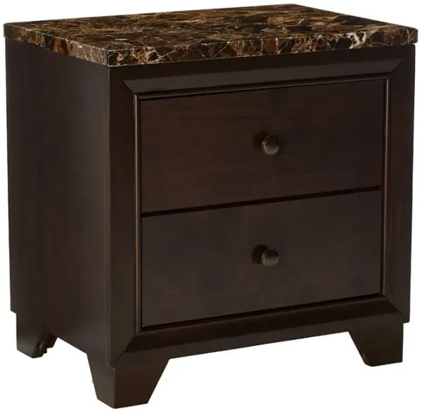 2 Drawer Wooden Nightstand with Faux Marble Top, Cappuccino Brown-Benzara