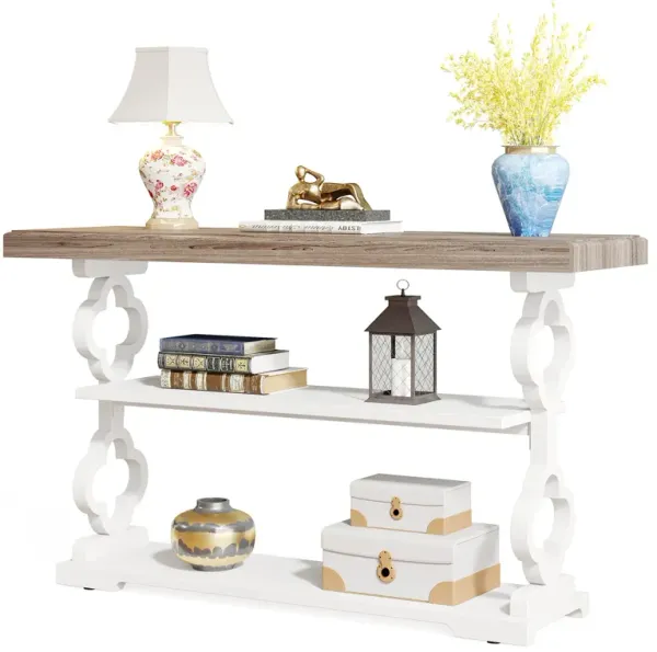 55 Inch Farmhouse Console Table, 3 Tier Long Sofa Table with Storage Shelves, Uniquely Designed Furniture for Life, Wood Accent Entry Table for Hallway, Entrance, Living Room, Foyer, Grey and White