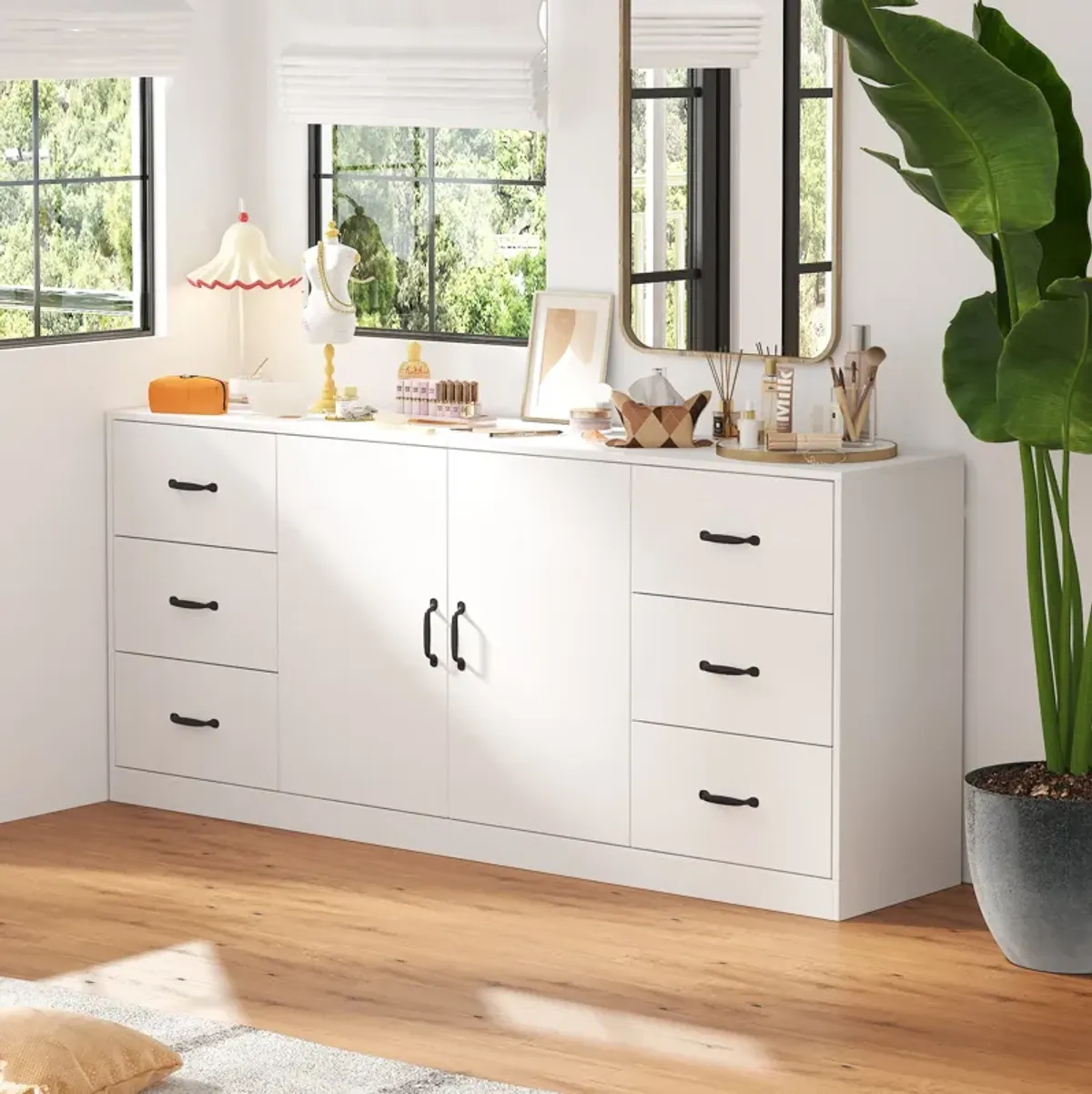 FUFU&GAGA 6-Drawer Storage Dresser with Double-Door Cabinet (70.9" W x 31.5" H x 15.7" D), White