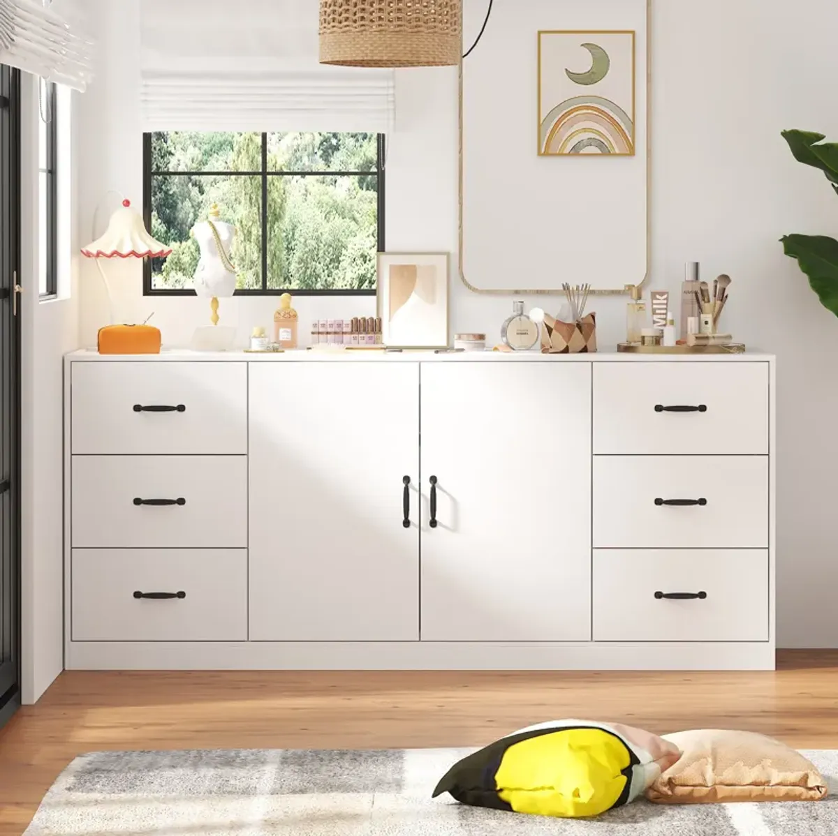 FUFU&GAGA 6-Drawer Storage Dresser with Double-Door Cabinet (70.9" W x 31.5" H x 15.7" D), White