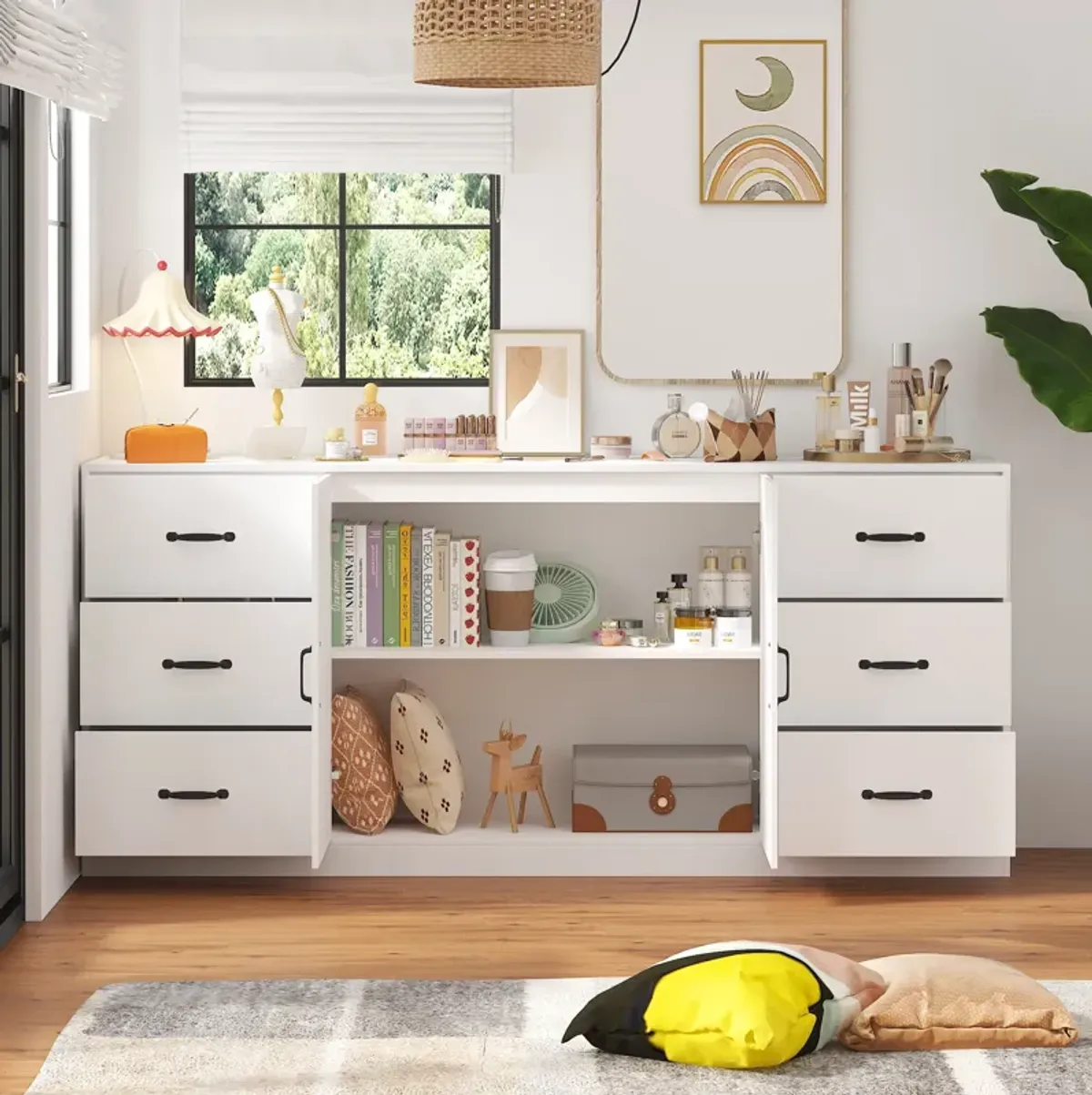 FUFU&GAGA 6-Drawer Storage Dresser with Double-Door Cabinet (70.9" W x 31.5" H x 15.7" D), White