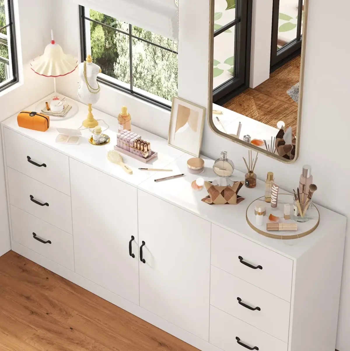 FUFU&GAGA 6-Drawer Storage Dresser with Double-Door Cabinet (70.9" W x 31.5" H x 15.7" D), White