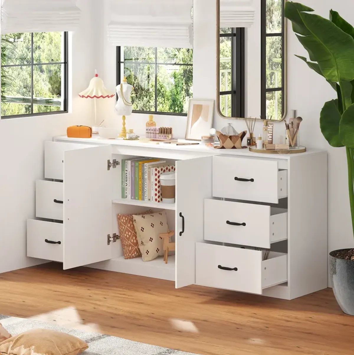 FUFU&GAGA 6-Drawer Storage Dresser with Double-Door Cabinet (70.9" W x 31.5" H x 15.7" D), White