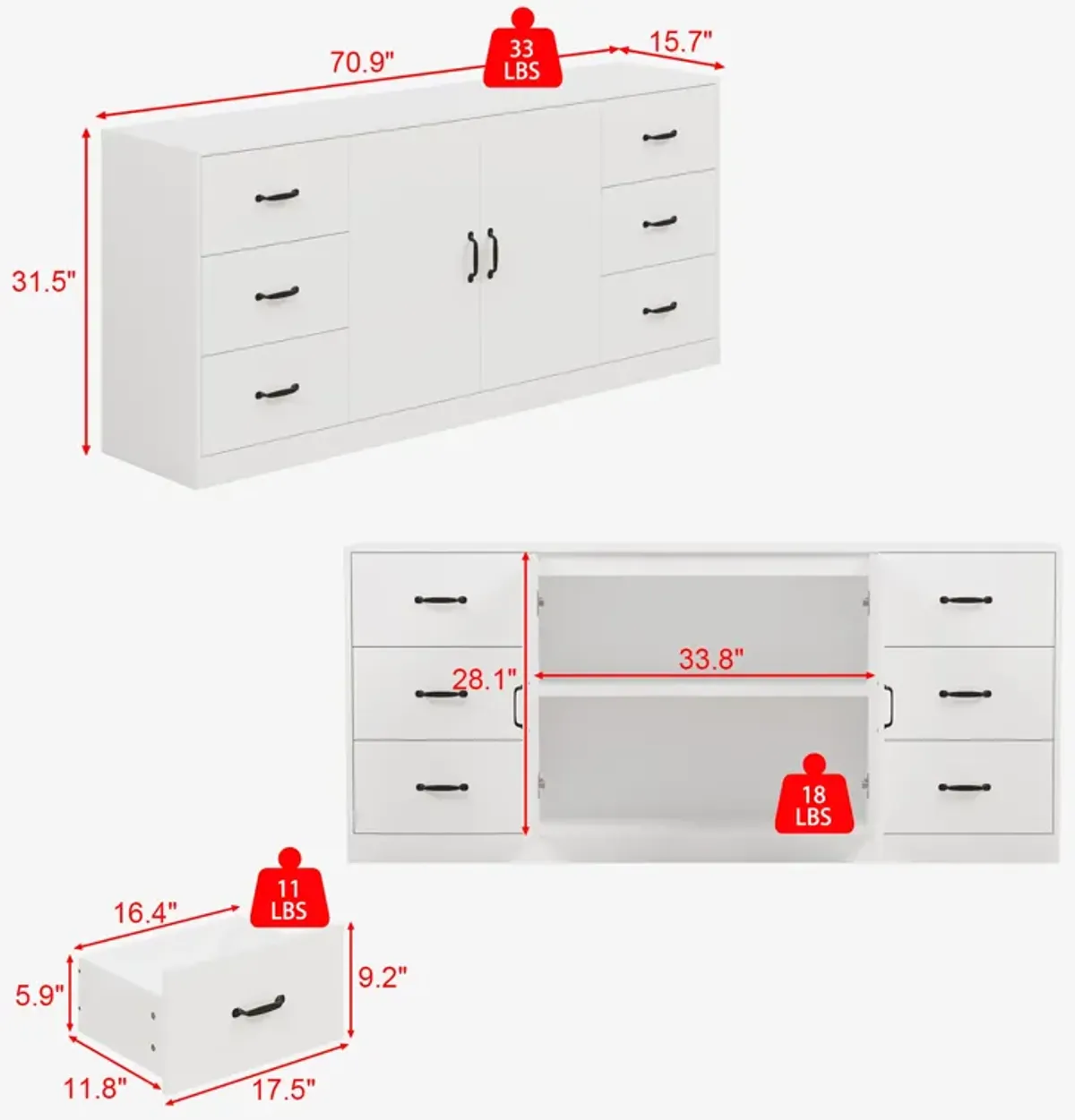 FUFU&GAGA 6-Drawer Storage Dresser with Double-Door Cabinet (70.9" W x 31.5" H x 15.7" D), White