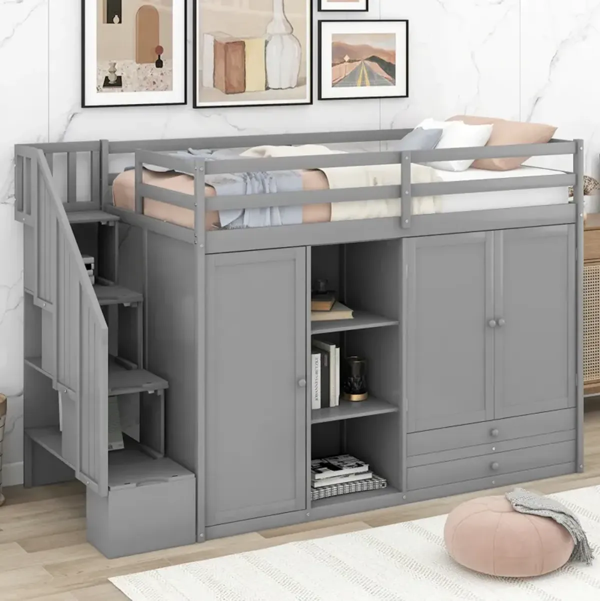 Functional Loft Bed With 3 Shelves, 2 Wardrobes And 2 Drawers, Ladder With Storage