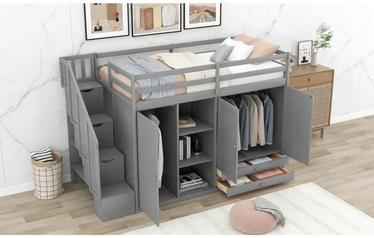 Functional Loft Bed With 3 Shelves, 2 Wardrobes And 2 Drawers, Ladder With Storage