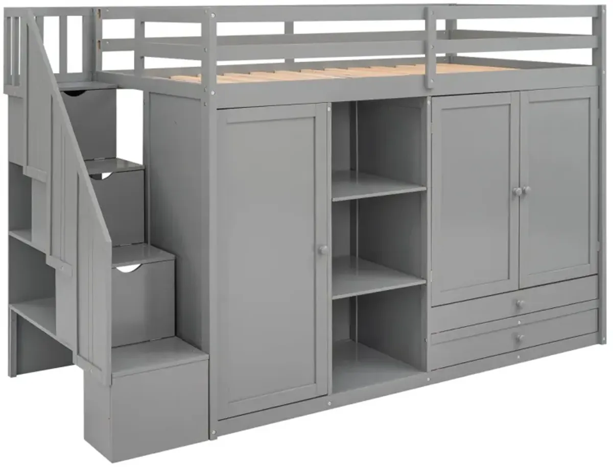 Functional Loft Bed With 3 Shelves, 2 Wardrobes And 2 Drawers, Ladder With Storage