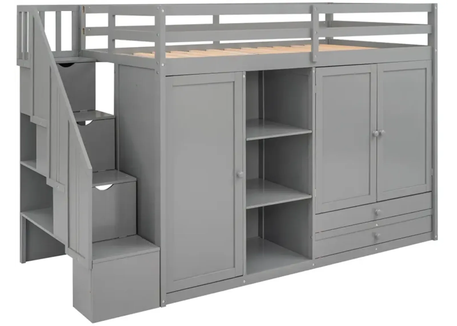 Functional Loft Bed With 3 Shelves, 2 Wardrobes And 2 Drawers, Ladder With Storage