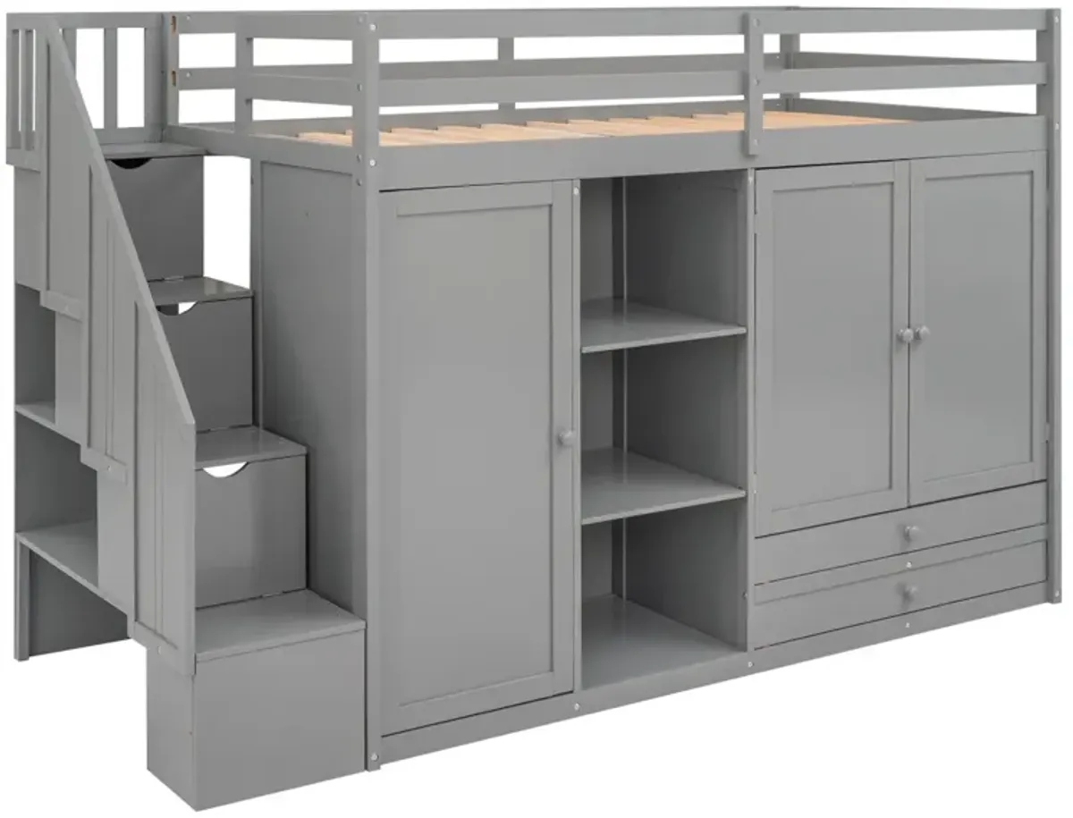 Functional Loft Bed With 3 Shelves, 2 Wardrobes And 2 Drawers, Ladder With Storage