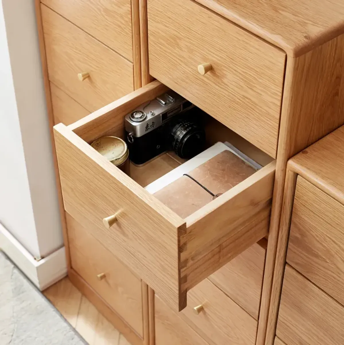 Oak Bedside Storage Cabinet - Free-Standing, Four Drawers