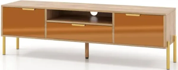 Hivvago Mirrored TV Stand for TV up to 65 Inch with Spacious Tabletop and 2 Storage Cabinets-Natural