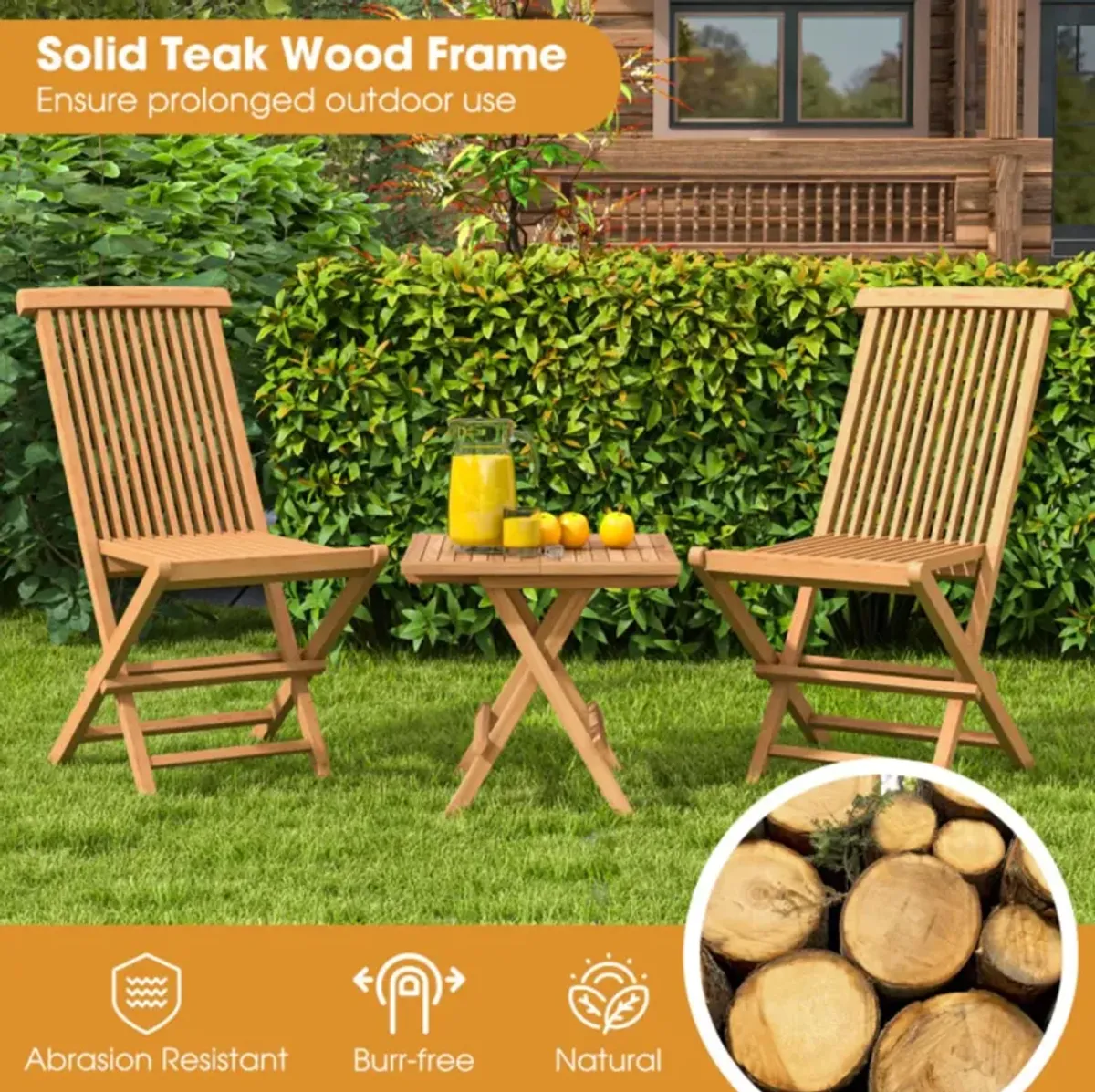 Hivvago Set of 2 Teak Patio Folding Chairs with High Back and Slatted Seat