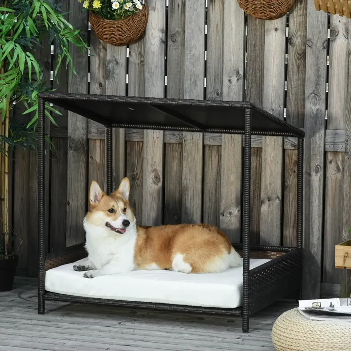 Brown Pet Retreat: Wicker Dog House with Raised Rattan Design