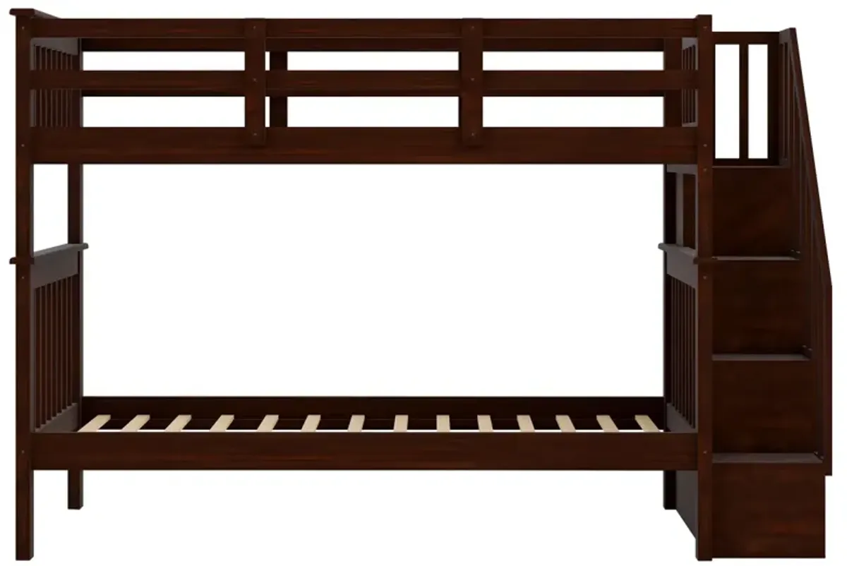 Stairway Twin-Over-Twin Bunk Bed With Storage And Guard Rail For Bedroom, Dorm