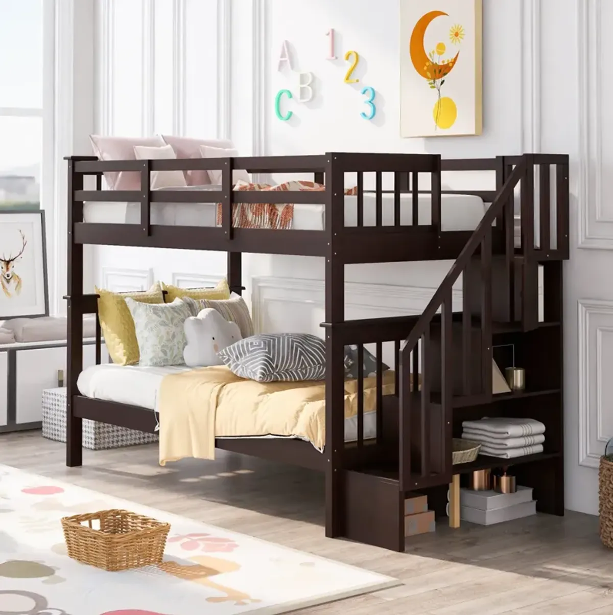 Stairway Twin-Over-Twin Bunk Bed With Storage And Guard Rail For Bedroom, Dorm