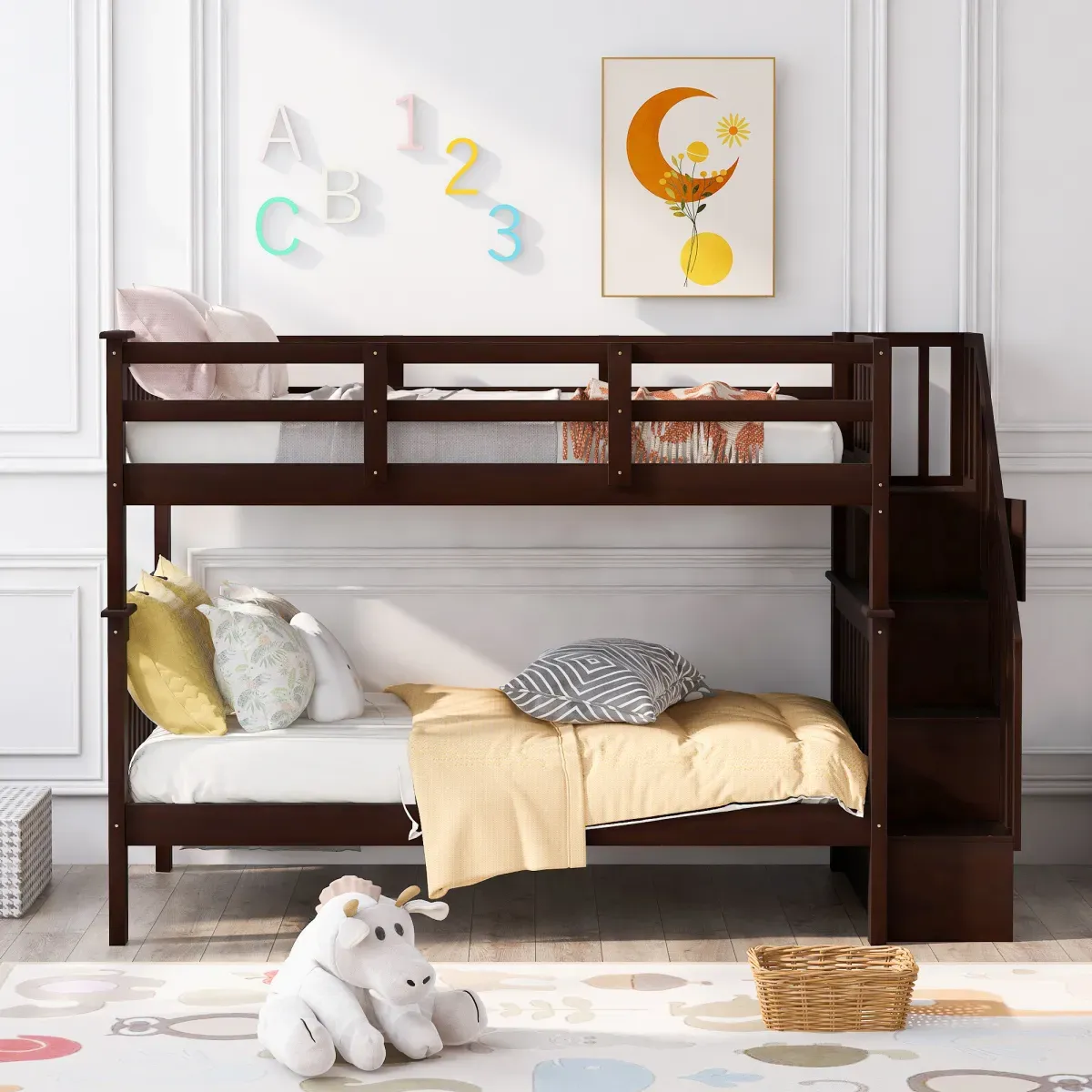 Stairway Twin-Over-Twin Bunk Bed With Storage And Guard Rail For Bedroom, Dorm