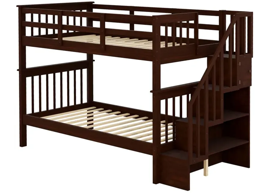 Stairway Twin-Over-Twin Bunk Bed With Storage And Guard Rail For Bedroom, Dorm