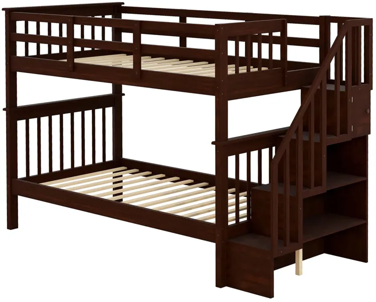 Stairway Twin-Over-Twin Bunk Bed With Storage And Guard Rail For Bedroom, Dorm