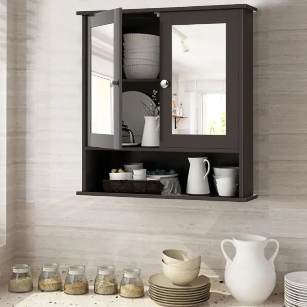 Hivvago Double Door Wall-Mounted Bathroom Mirror Cabinet with Storage Shelf