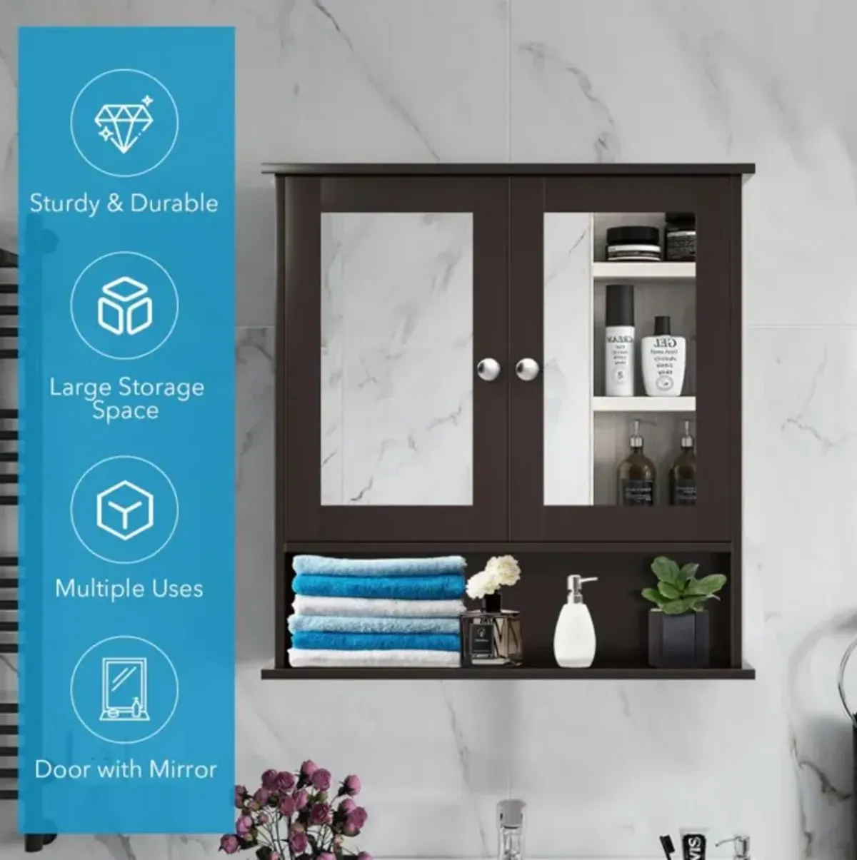 Hivvago Double Door Wall-Mounted Bathroom Mirror Cabinet with Storage Shelf