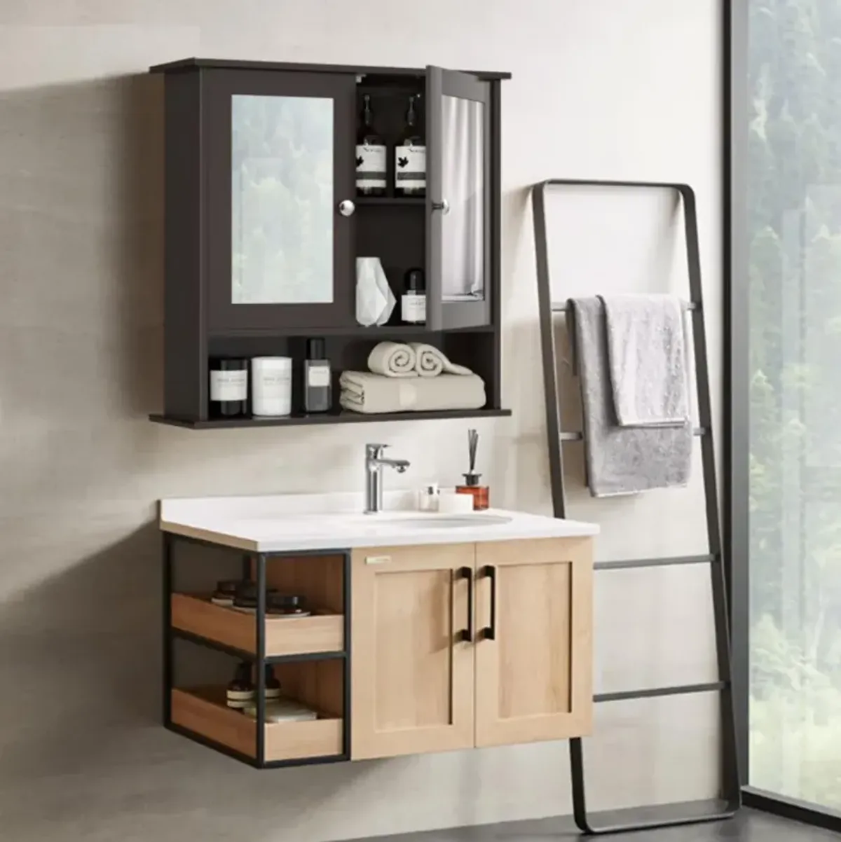 Hivvago Double Door Wall-Mounted Bathroom Mirror Cabinet with Storage Shelf