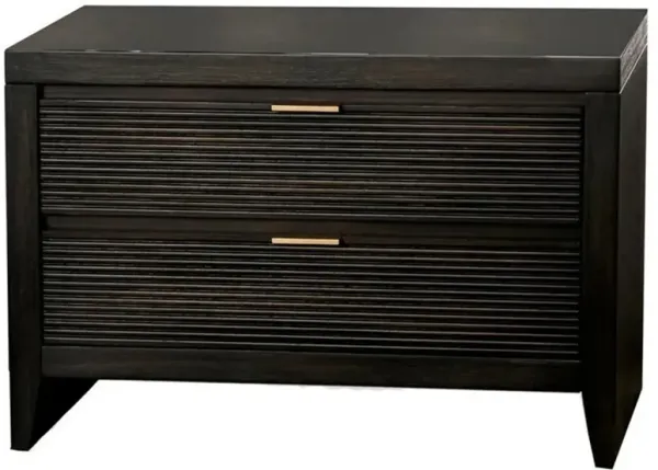 Maq 36 Inch Modern 2 Drawer Nightstand, Bronze Metal Handles, Dark Brown-Benzara