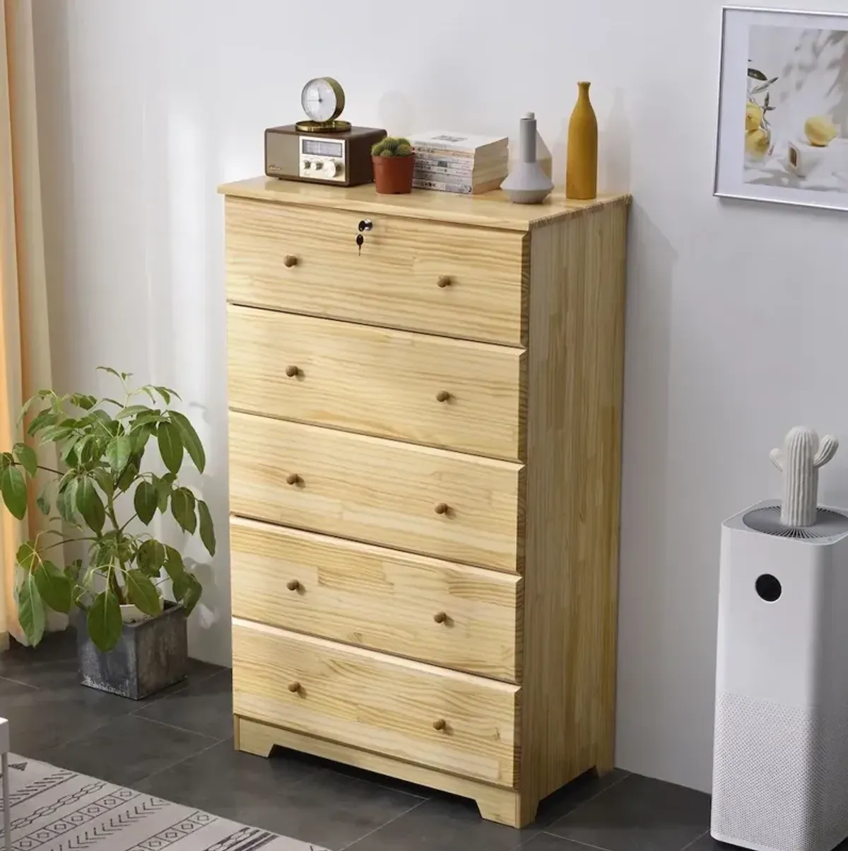 Solid Pine Wood 5 Drawer Chest Dresser (Natural)