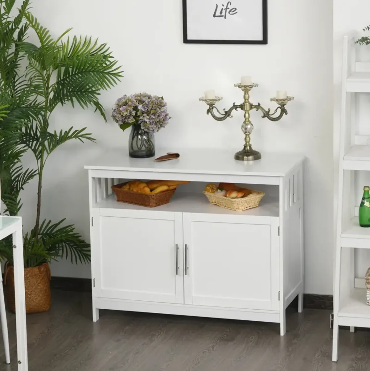 Wood Console Hutch with Multi-Tier Shelf and 2 Layer Cabinet for Dining Room