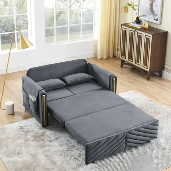 Grey Velvet Sleeper Sofa with Storage Bags