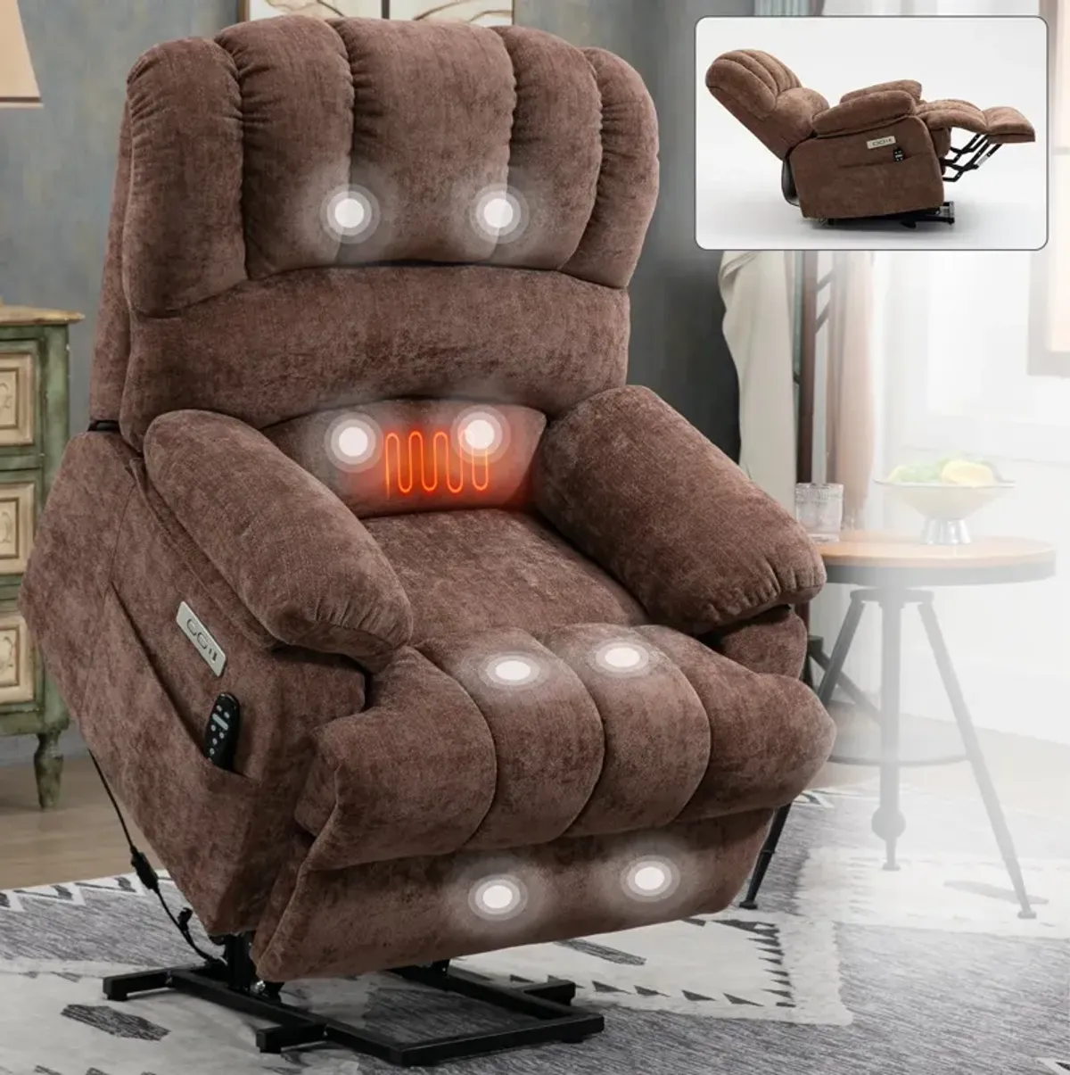 Mondawe 23" Seat Width and High Back Large Size Chenille Power Lift Recliner Chair with 8-Point Vibration Massage and Lumbar Heating