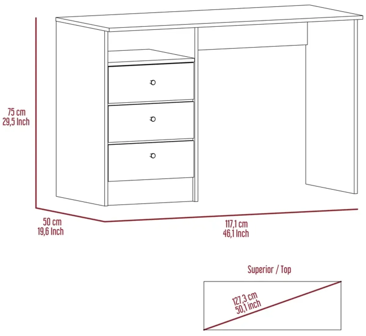 Andalucia 3 Drawer Computer Desk, One Shelf -Smokey Oak