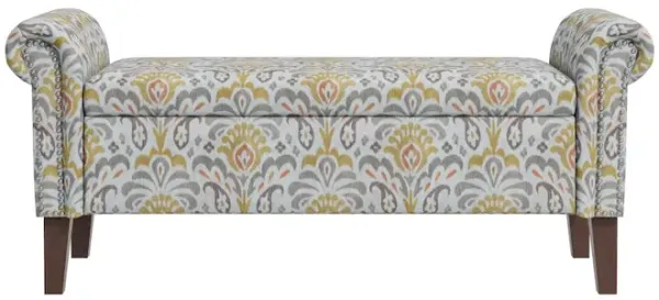 HL Home Furnishings Rolled Arm Storage Ottoman in Orange and Gray Damask