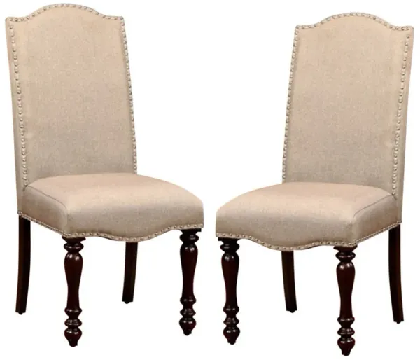 18 Inch Dining Chair, Beige Linen Fabric, Rich Brown Wood, Turned Legs-Benzara